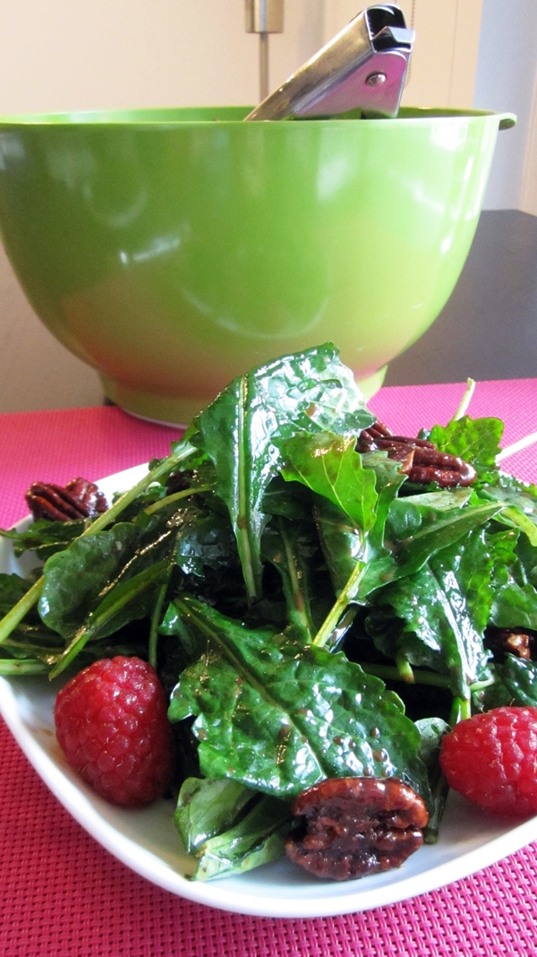 Baby Kale Salad with Raspberries & Maple Pecans - Vegan & Gluten-Free