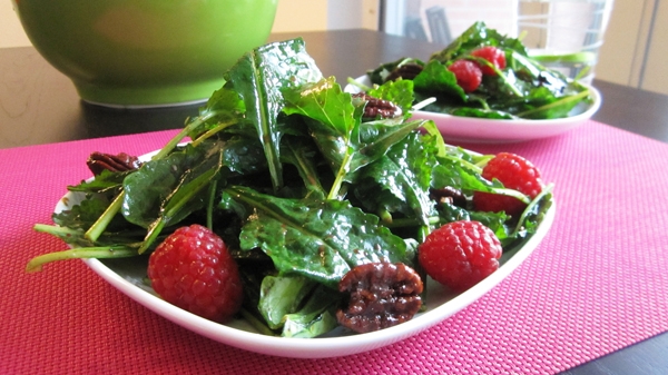 Baby Kale Salad with Raspberries & Maple Pecans - Vegan & Gluten-Free