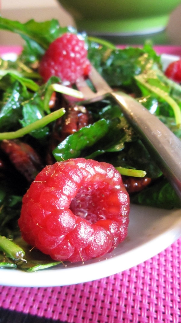 Baby Kale Salad with Raspberries & Maple Pecans - Vegan & Gluten-Free