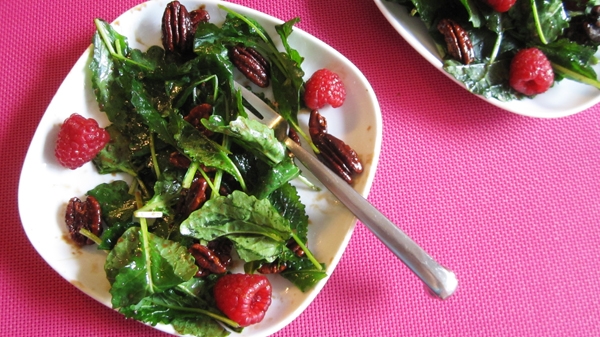 Baby Kale Salad with Raspberries & Maple Pecans - Vegan & Gluten-Free